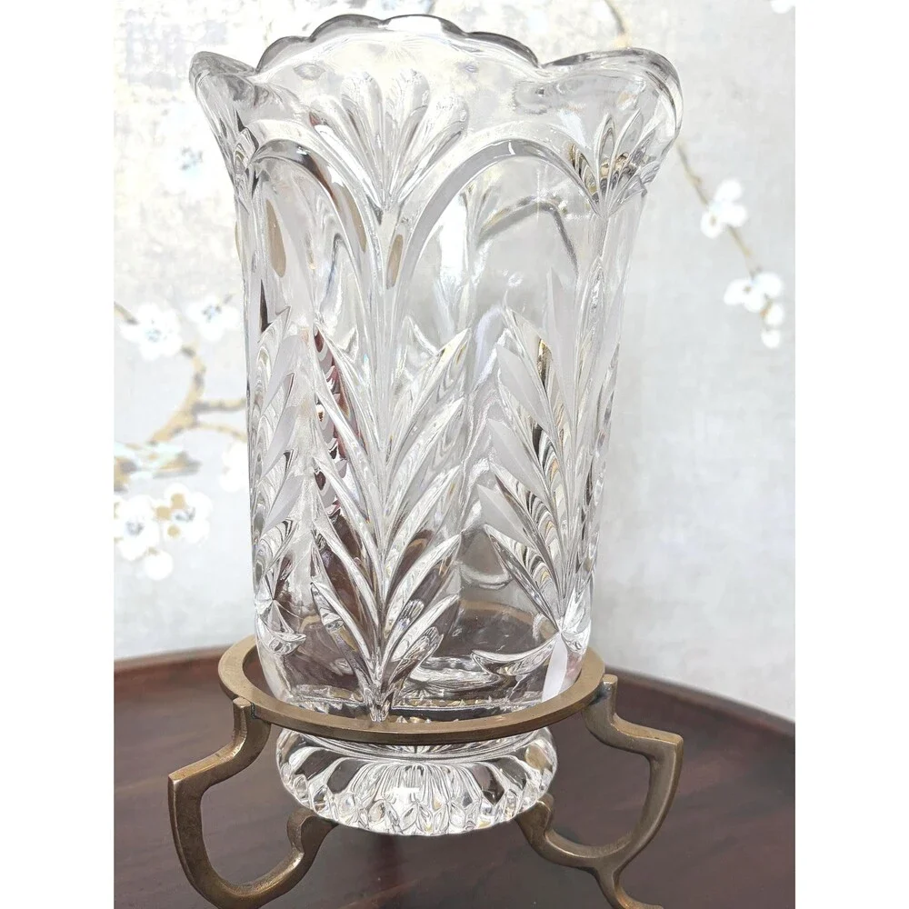 Vintage Polish 24% Lead Crystal Vase with Brass Stand Cut Glass Flower Hurricane